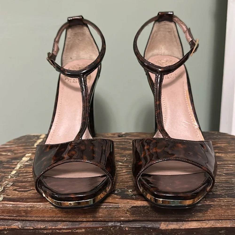 VINCE CAMUTO Tezer Tortoise Shell Patent Leather T-Strap Heels